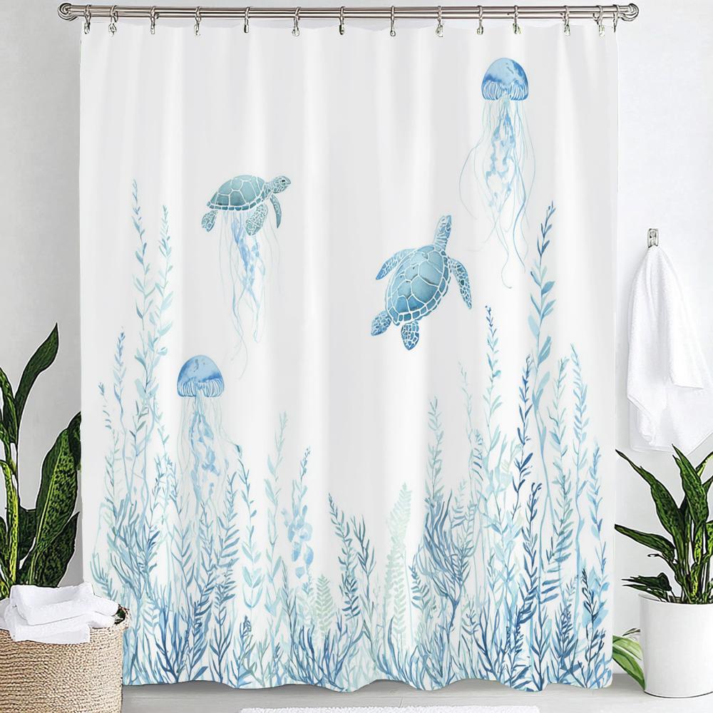 1pc Sea Turtle Print Waterproof Shower Curtain,Beach Coastal Ocean Turtle Starfish Partition Privacy Hanging Curtain with Hooks