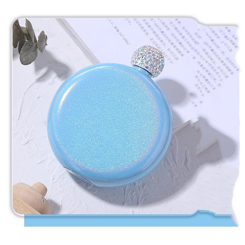 Rainbowl Round Double Wall Small Hip Flask Liquor Flasks Funny Crystal Flask Stainless Steel Portable Hip Flasks Crystal Lid