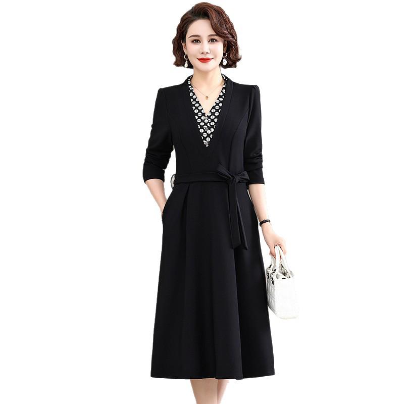 2025 New Spring & Autumn Long-Sleeve Dress for Middle-Aged Women - Elegant Slimming Faux Two-Piece Design