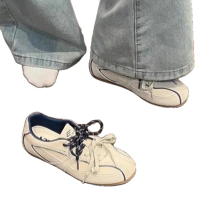 Cowhide Version~ Flat Bottom Inner Height Increase Retro Forrest Gump Shoes Round Head Casual Shoes Women's Lace-up German Training Shoes Sports Trend