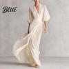 Tie Waist Women Dress V- Neck Long for Summer Autumn Solid Color Casual A-Line Dress Half Sleeves Swing Maxi