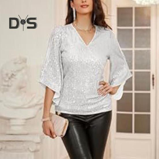 Women Top Shiny Sequin Hollow Out Three Quarter Horn Sleeve Solid Color V Neck Loose Pullover Soft Breathable Lady Commute Prom Blouse
