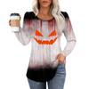 Women's Casual Top Halloween Printed Round Neck Long Sleeved Pleated T-shirt