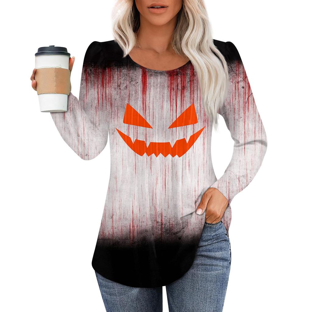 Women's Casual Top Halloween Printed Round Neck Long Sleeved Pleated T-shirt