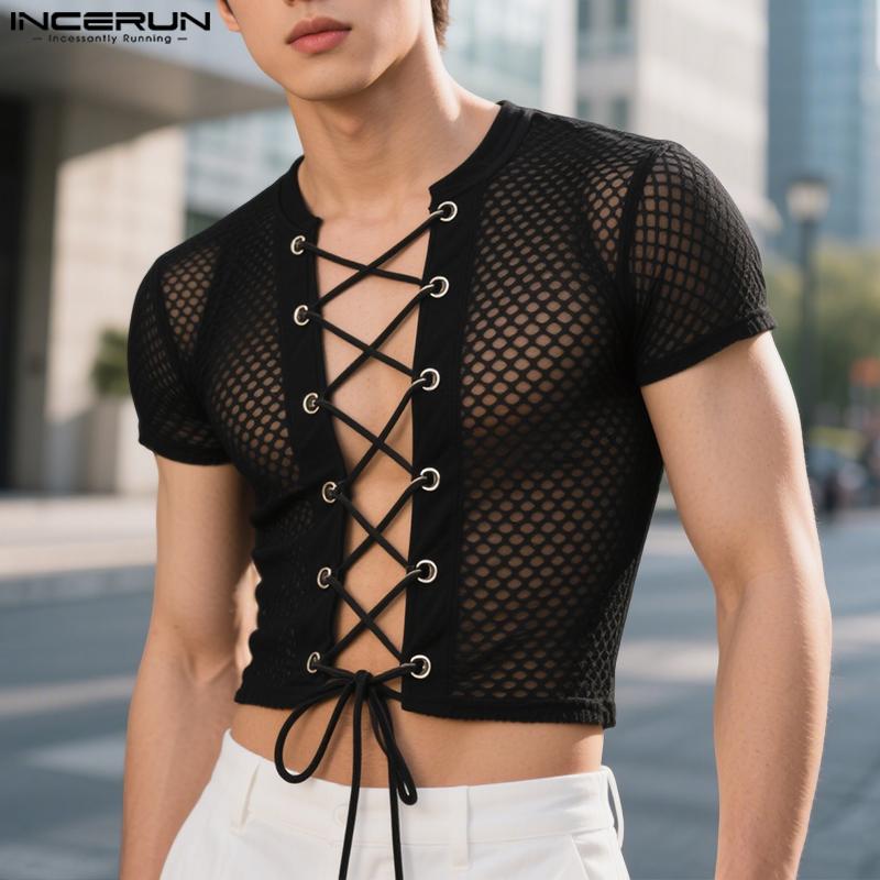 INCERUN Men Summer Short Sleeve Bandage Hollow Sheer Party Club Crop Tops T-shirts