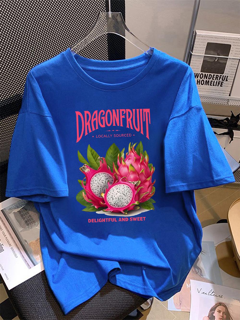 100% Cotton Summer T-Shirts Womens Dragon Fruit Locally Sourced Prints Tops Soft Loose O-Neck Short Sleeve Holiday Woman Clothes S