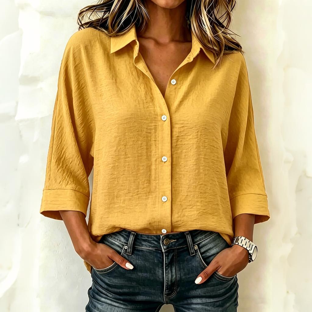 Women Linen Shirt Casual Loose Fit Three Quarter Sleeve Single Breasted Button Down Blouse Solid Basic Top for Daily Wear