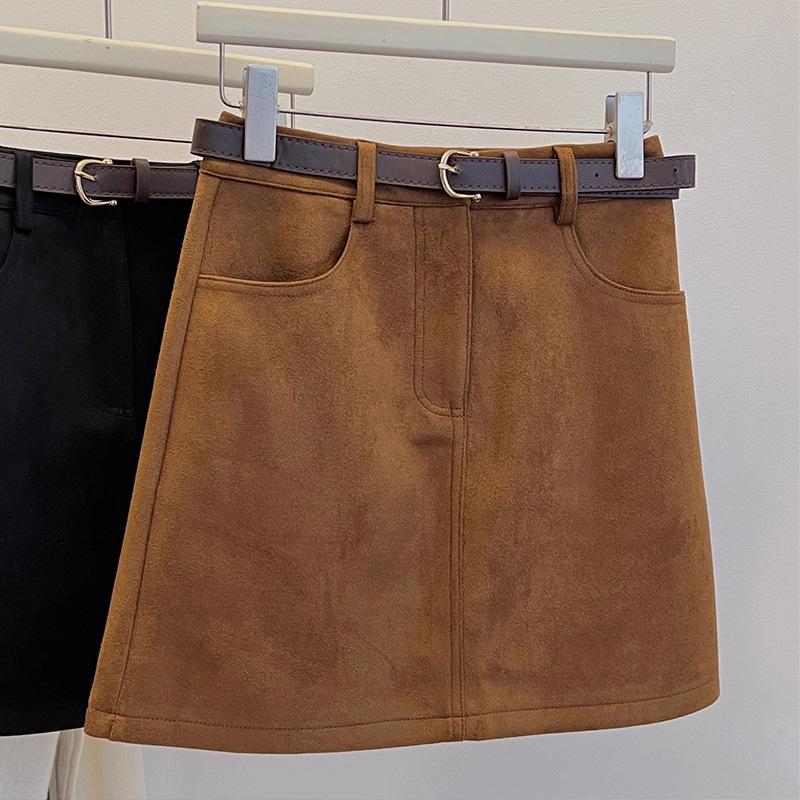 Women s High Waist Brown Suede A-Line Skirt - Plus Size, Slimming, Retro Style S коричневый