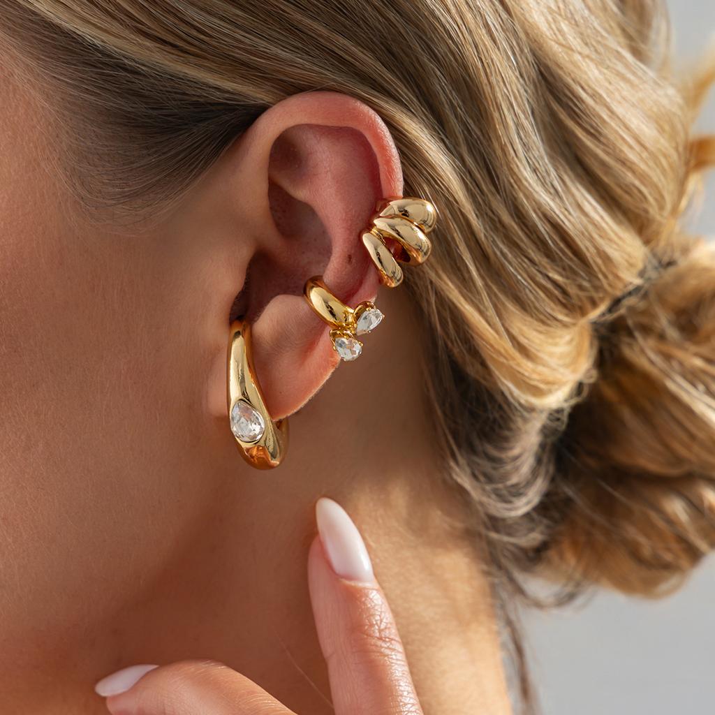 Salircon 3 Pcs/Set Trendy Vintage Gold Color C-shaped Clip Earrings Women's Unique Creative Rhinestone Piercing Earrings Jewelry
