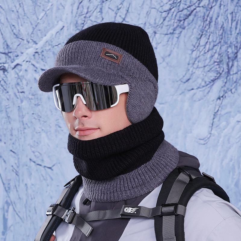 Winter hat, scarf set, outdoor velvet and cold-proof knitted wool hat, men's cycling warm ear protection pullover hat