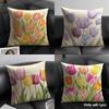Tulip Flower Cushion Cover Breathable Linen Organic Fabric DoubleSided Printing Sofa Pillow Case Home Decor