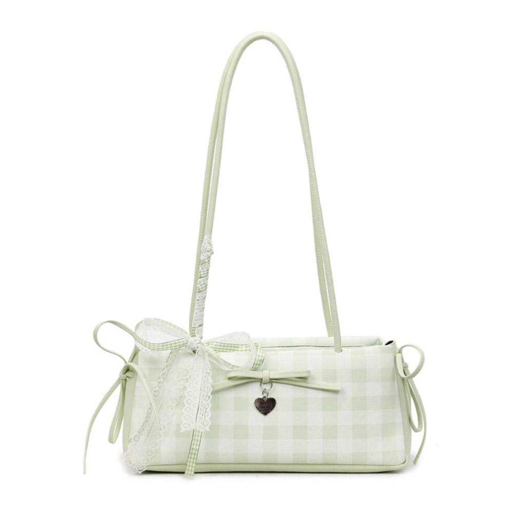 Bow Lace Ribbon Shoulder Bag Fashion Heart-shaped Pendant Grid French Underarm Pouch Tote Bag Handbag Daily Commuting Bag