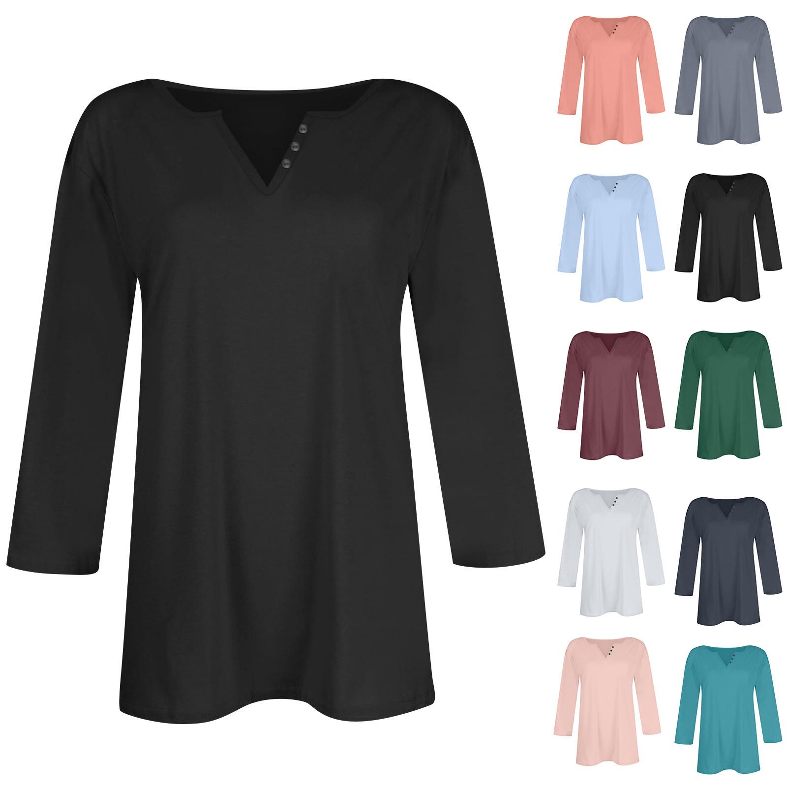 

Женская модная повседневная однотонная футболка с v-образным вырезом и рукавами 3/4, топ L чёрный