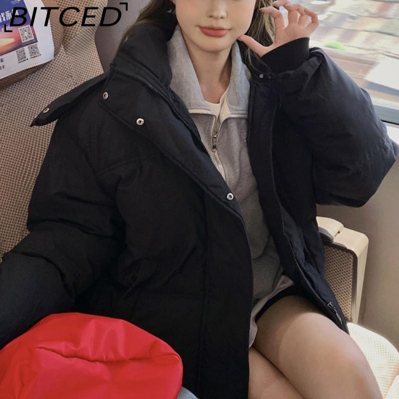 BITCED New Style Women's Winter Short-Length Hooded Puffer Jacket with Design-Forward Thickened Fleece Lining