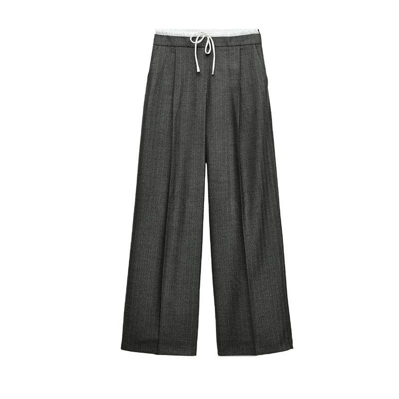 

Spring New Arrival Women s Clothing All-Match Simple Leisure Style Double Layer Waist Wide Leg Loose Pants 1608225 Coal Gray L
