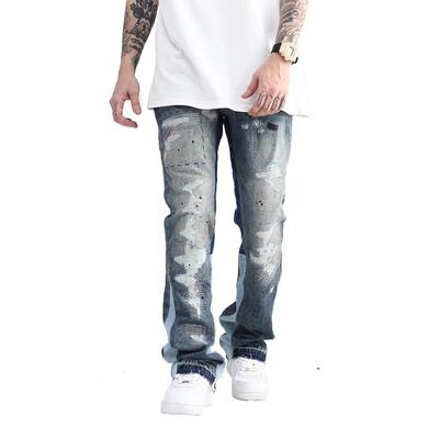 Blau verwaschene Destroyed Flared Jeanshose Hip Hop Graffiti Ripped Denim Jeans Herren Streetwear Vintage Wide Leg Jeans