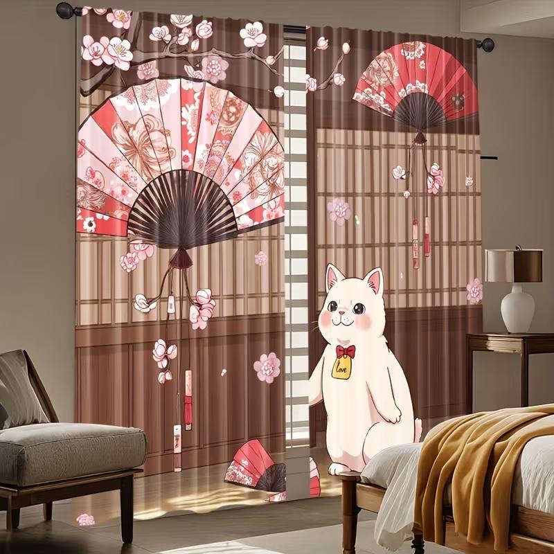 Japanese Cat Print Curtains Suitable Bedroom Living Room Kitchen Decoration Home Window Curtain Set Of 2 Made Polyester Washable Sitting Ready
