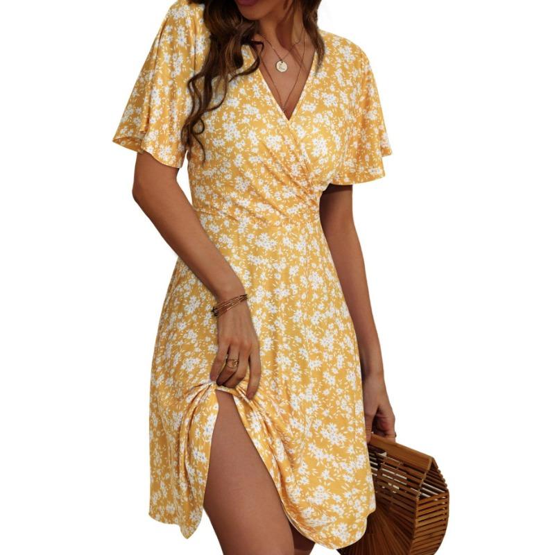 Popular, Summer Floral Short Sleeve Wrap V-Neck A Line Midi Dress