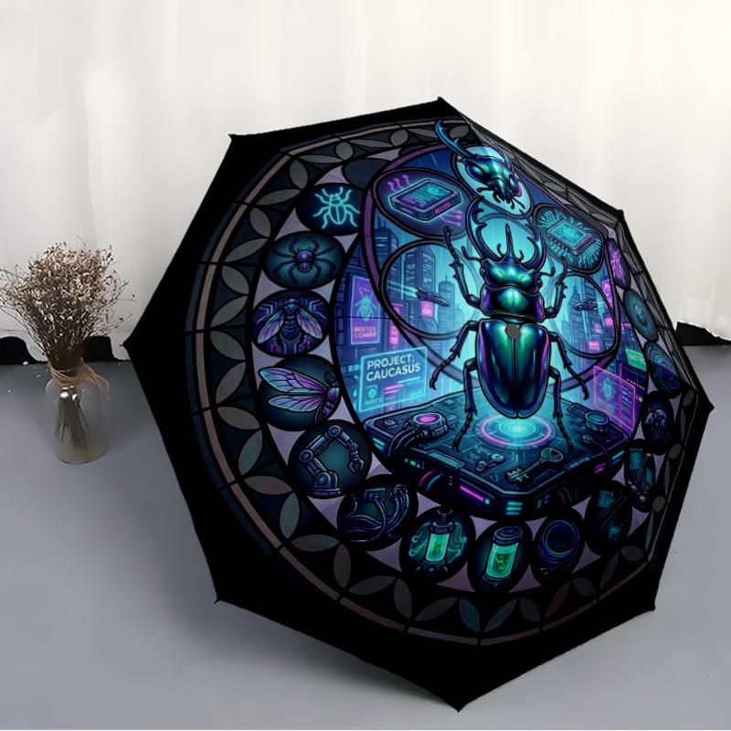 Cybernetic Beetle Project pattern umbrella, portable and foldable design, 8 ribs, a casual accessory for Halloween, Christmas, and birthday gifts.