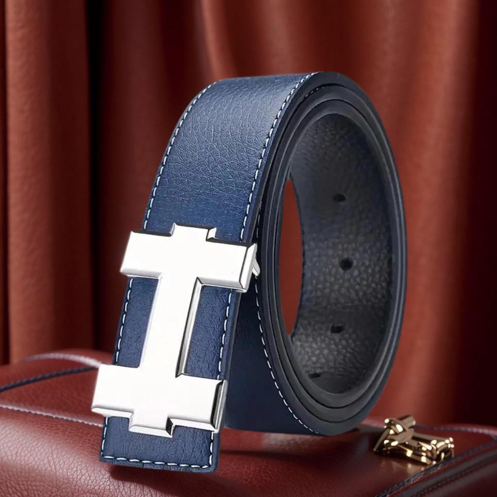 Unisex Korean H Buckle Genuine Leather Belt with Lychee Grain Design