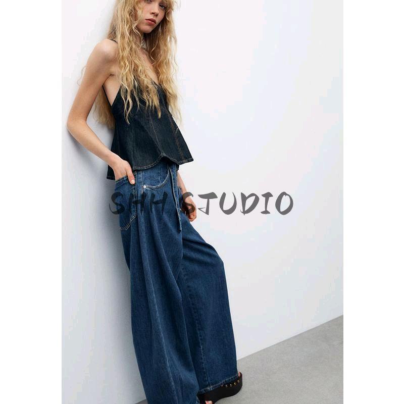 Spring New Women clothes French style Pure Desire Wind Wave Wide Swing V-neck Fine Sling Denim Top 8197064