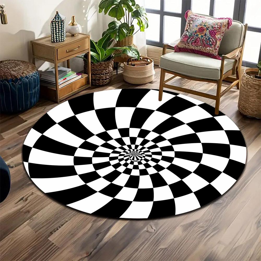 Optical Illusion Black and White Spiral Print round rug, living room, bedroom, playroom carpet, non slip floor mat, gift