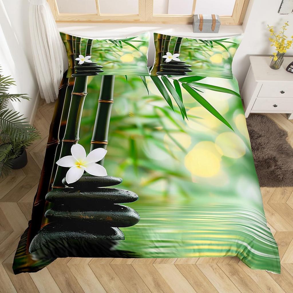 Zen Stones Duvet Cover Green Bamboo Fountain Bedding Set,Twin King,Spa Still Life Comforter Cover Natural Meditation Quilt Cover