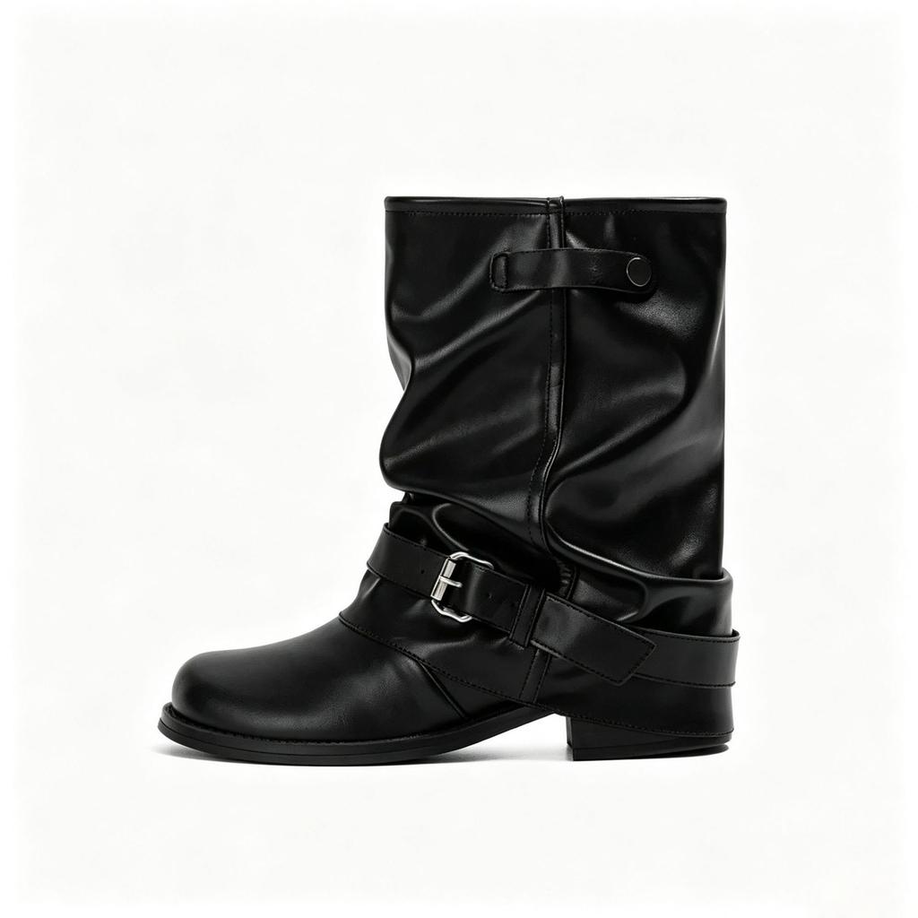 [Beauty Boot Expert] Black And Gray Buckle Strap Stacking Boots Short Pleated Ss Korean Niche Design Trouser Tube Boots