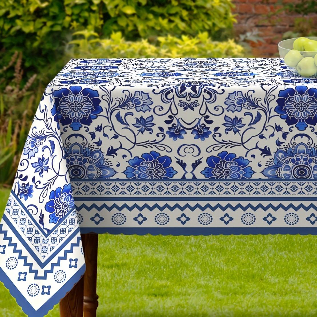 Jingyue Pet Unisex Blue Ceramic Flowers Design Rectangle Tablecloth Table Decor Reusable Farmhouse Kitchen Dining Tablecloth Holiday Party Decor