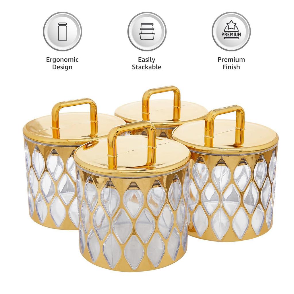 Airtight Dry Fruit Container Set With Tray|Plastic Dry Food Storage|500Ml, Set Of 4 (Golden)