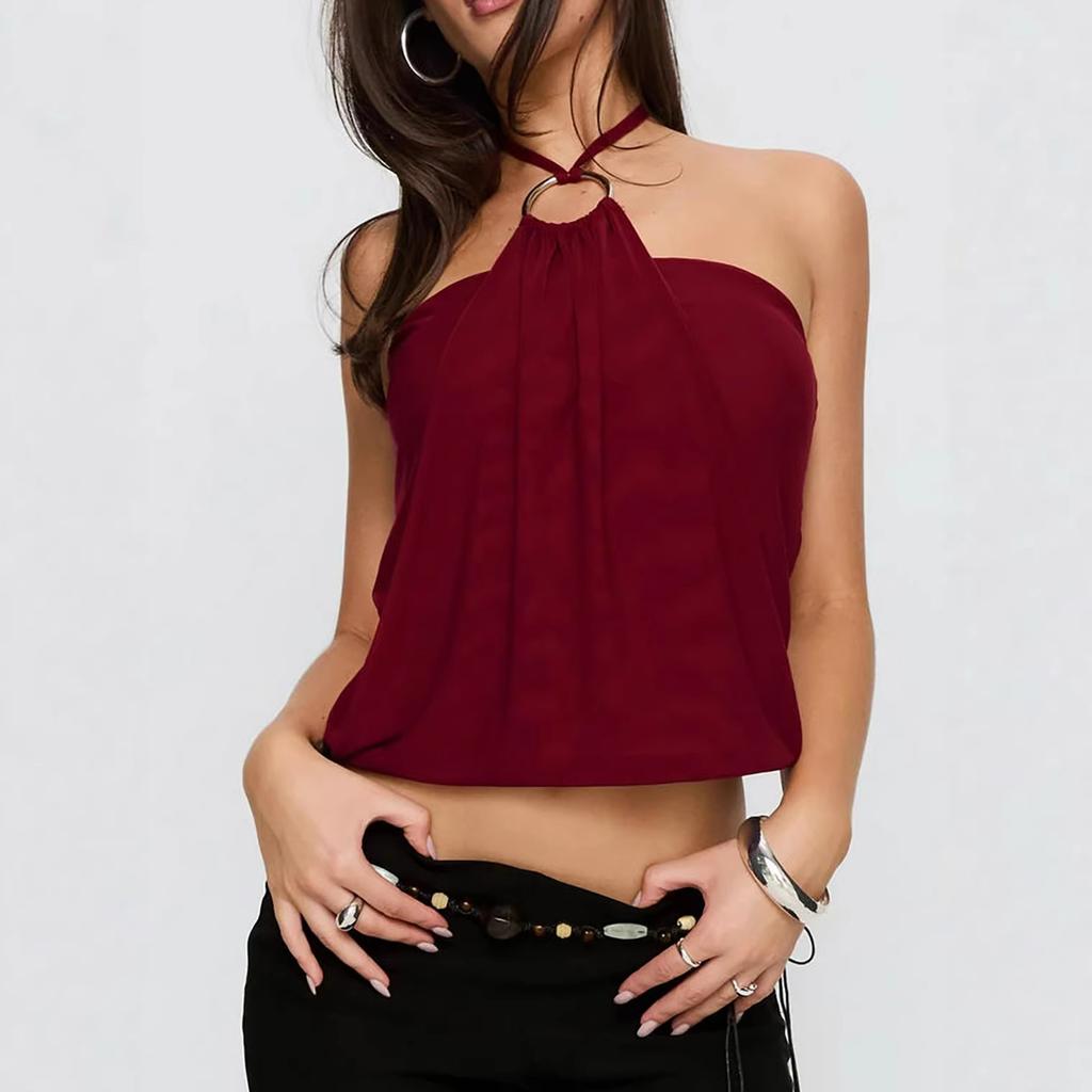 Summer tube top neck sling vest pleated short sleeveless European and American mesh women's top