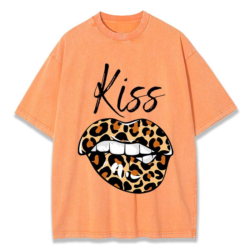 LeopardPrint Lips Kiss Prints Washed T Shirt Women Cotton Streetwear Distressed ONeck Comfortable Tops Summer Womans Clothes