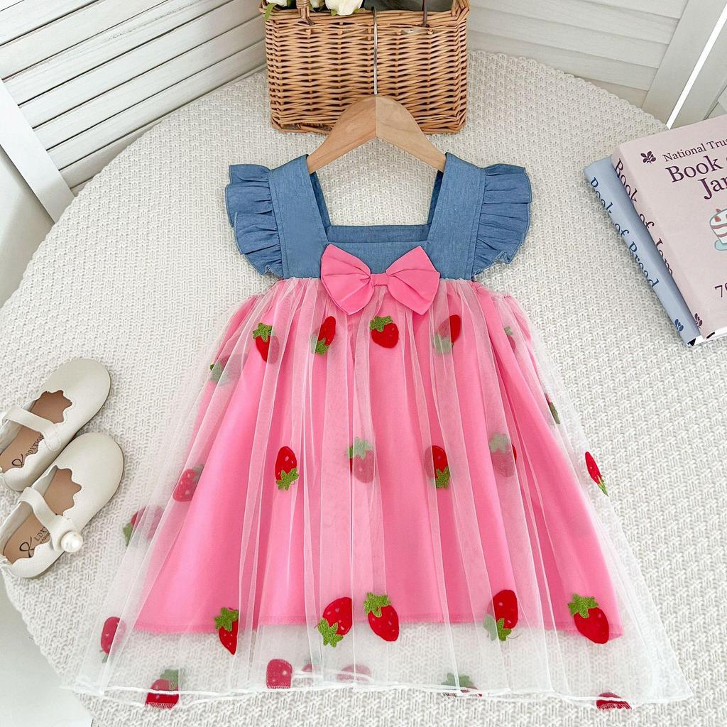 Mädchen-Denim-Kleid im koreanischen Stil mit Erdbeer-Schleife und Netz-Puffärmeln