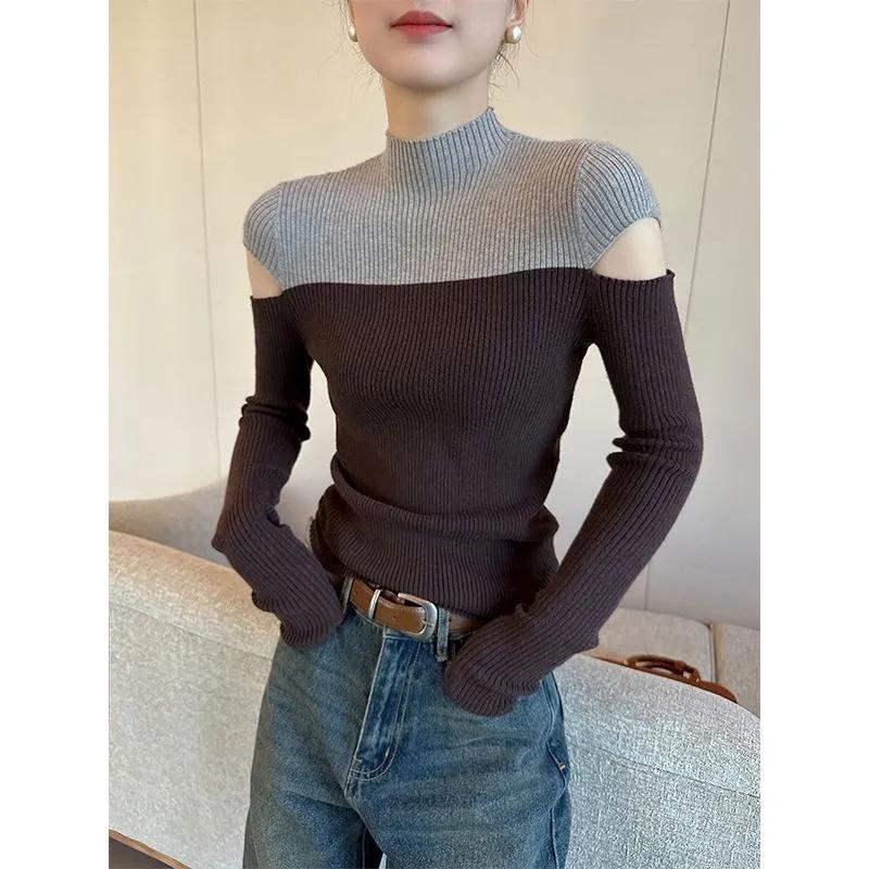 New Color-blocked Half Turtleneck Off-shoulder  for Women Autumn Versatile Bottoming Sweater