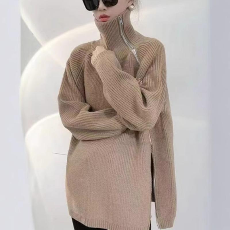 New loose medium and long lazy wind side zipper lapel knitted sweater for women's autumn and winter women + cardigan sweater for women