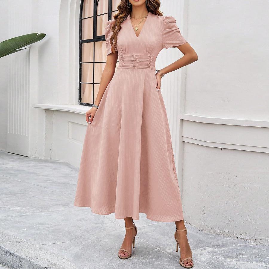 Summer Women's Fashion Chic High Waist Solid Short Sleeve Ruched Dress
