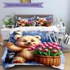 3pcs Anime Cartoon Bear with Pink Tulips Bedding Set - Includes One Quilt Cover and Two Pillowcases (No Core) - Festive Gift for Bedroom Dec