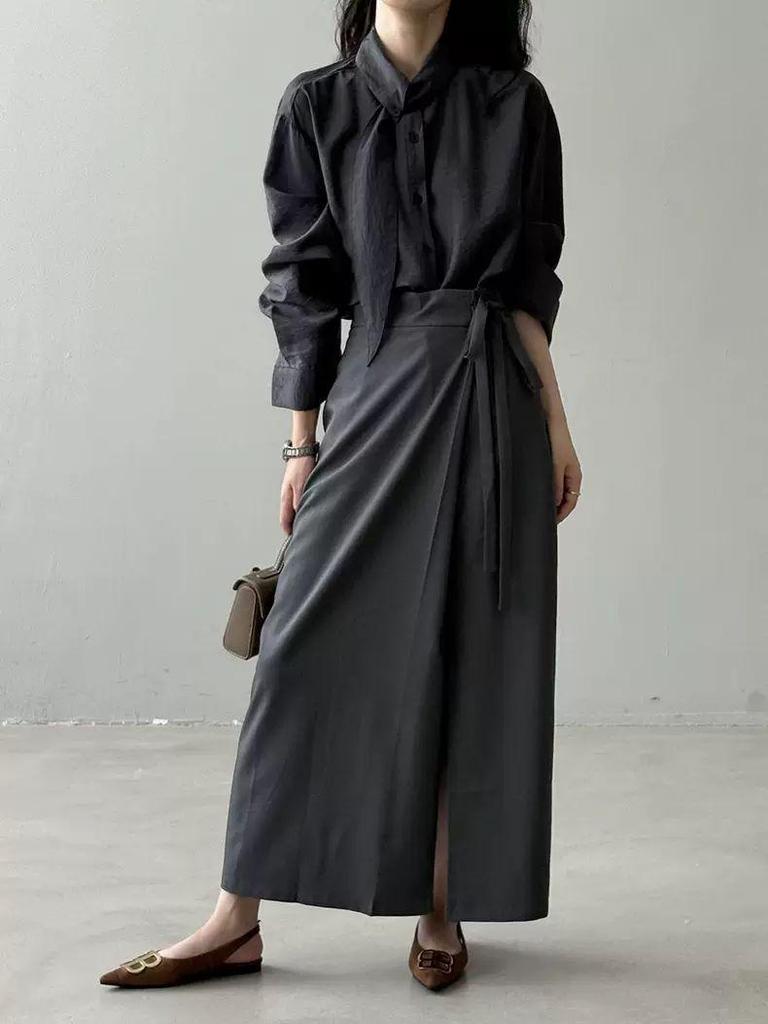 Korean-Style Scarf Collar Women's Long Sleeve Shirt - Spring/Autumn Loose-Fit French Top