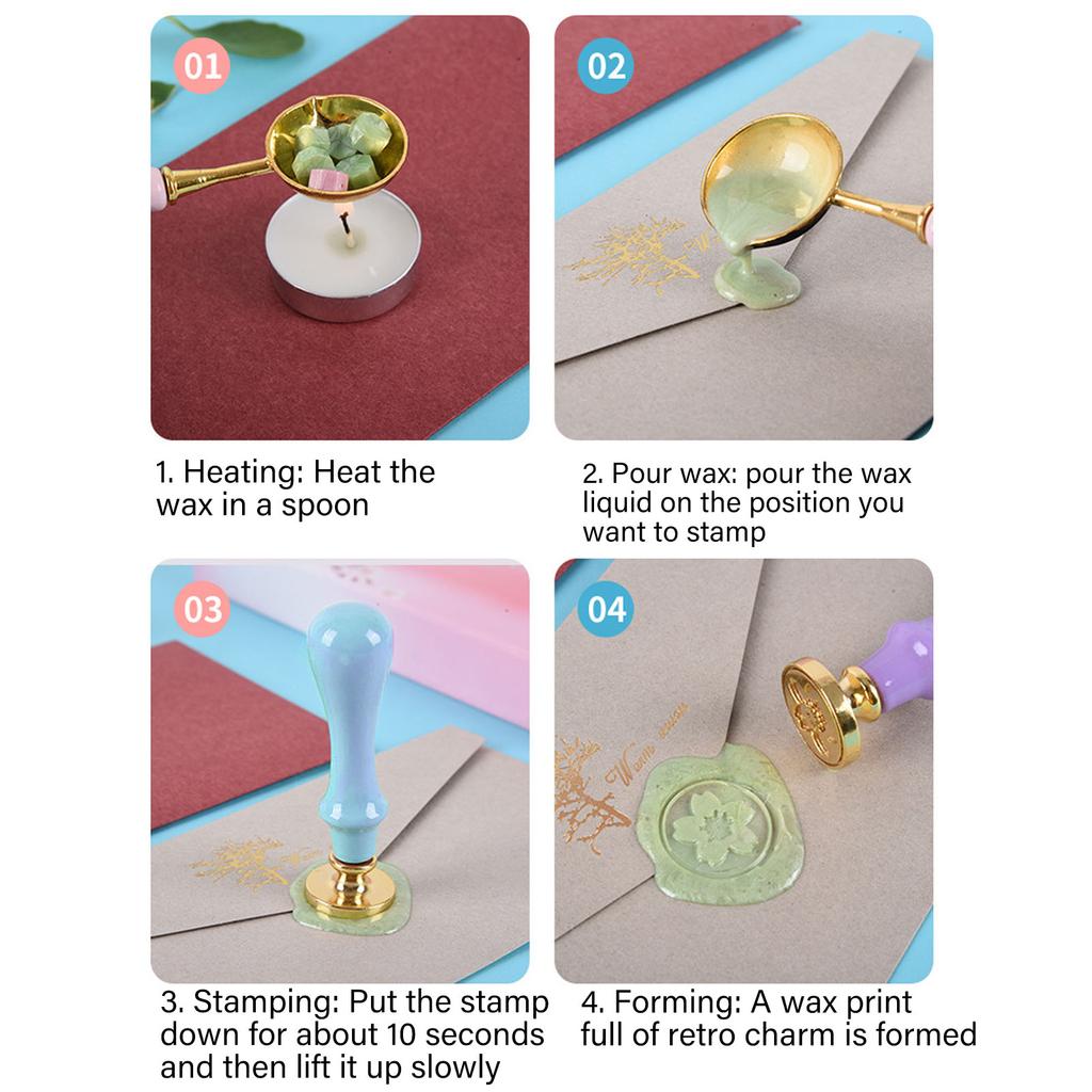 Sealing Stamp Kit Clear Pattern Macaron Color Wooden Handle Retro Wax Sealing Stamp with Sakura Brooch for Gifts
