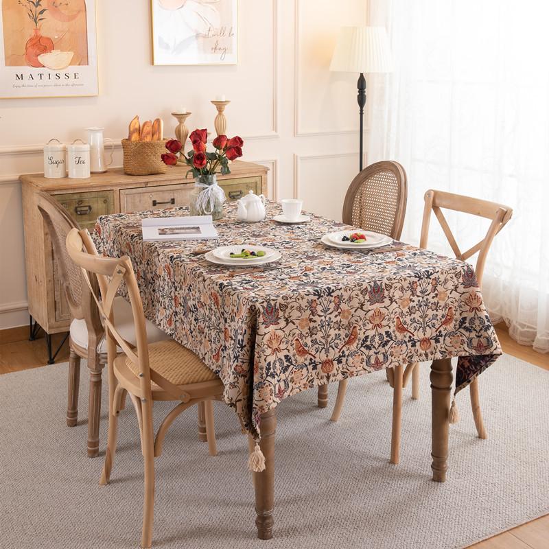 American Retro Polyester Cotton Color Woven Jacquard Magpie Flower Plant Fringed Tablecloth Rectangular Coffee Table Tablecloth Dining Table Cloth
