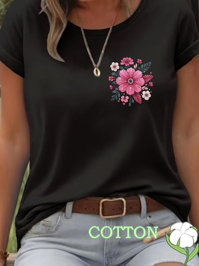 2026 Colorful Floral Round Neck Short Sleeve Casual Pure Cotton T-shirt