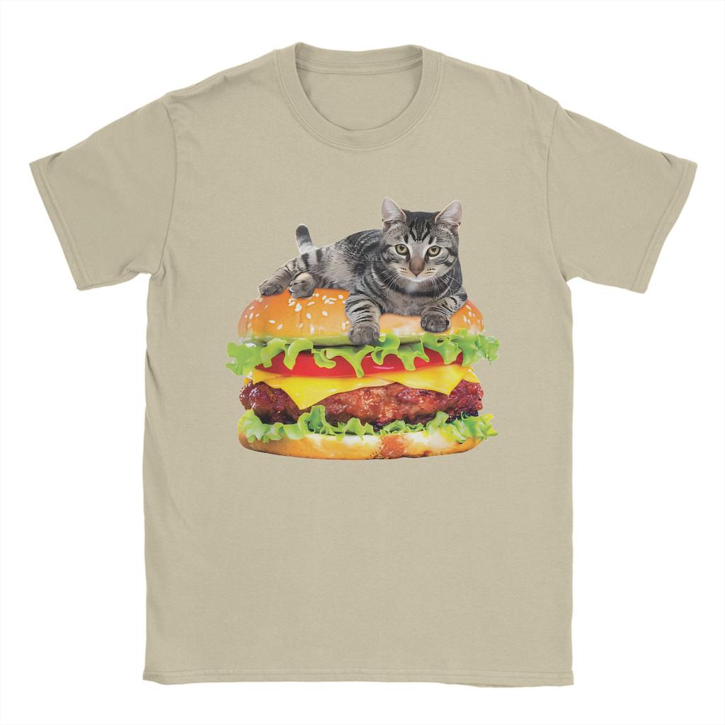 Men Hamburger Space Cat Funny Kitty T-Shirts  Pure Cotton Top Tees Beach Street Style T-Shirt O-Neck Trending Tee Shirt Big Size