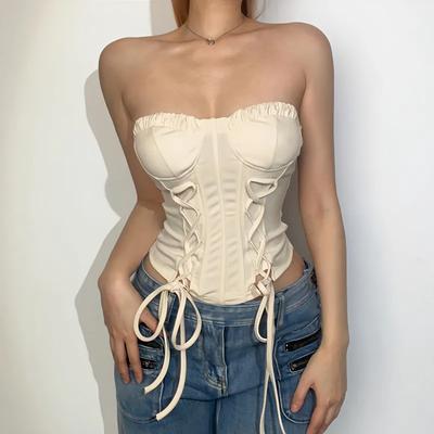 Damen Beiges Bandeau Korsett Top Gerüschte Brust Schnürung Hinten Ärmellos Lässig Crop Top