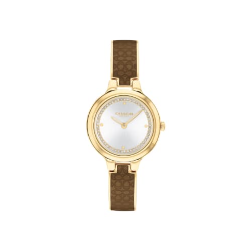 

COACH Chelsea 27mm Gold-Tone Watch with White Sunray Dial, Crystal Bronze Signature C, and Translucent Enamel Bangle (14504330) - Authentic Women s