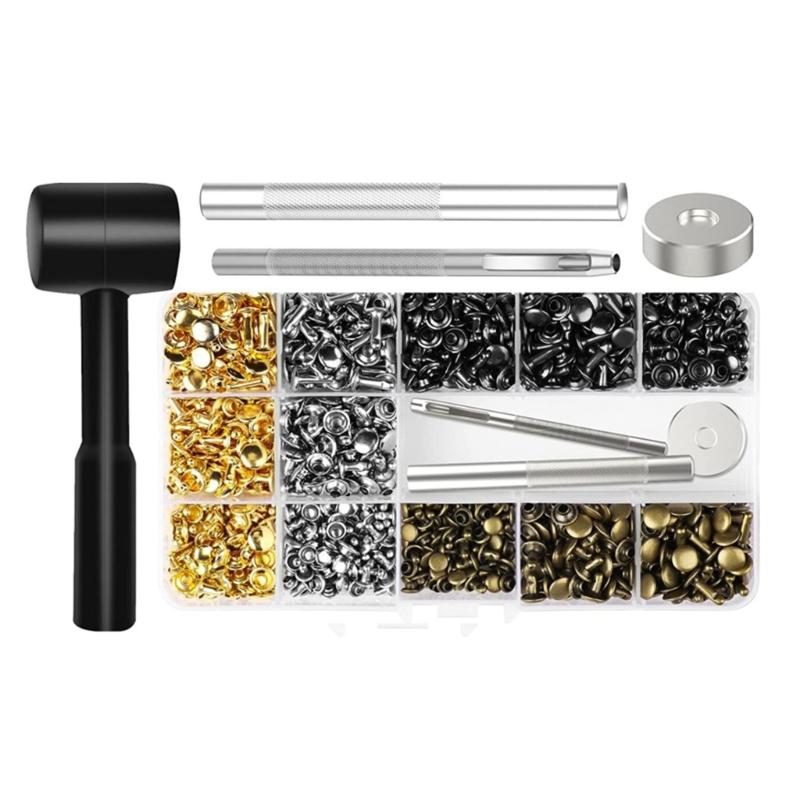 

480 Set Leather Rivets Double Caps Rivets Metal Studs with 3 Setting Tool Hammer for Leather Craft Repair 1