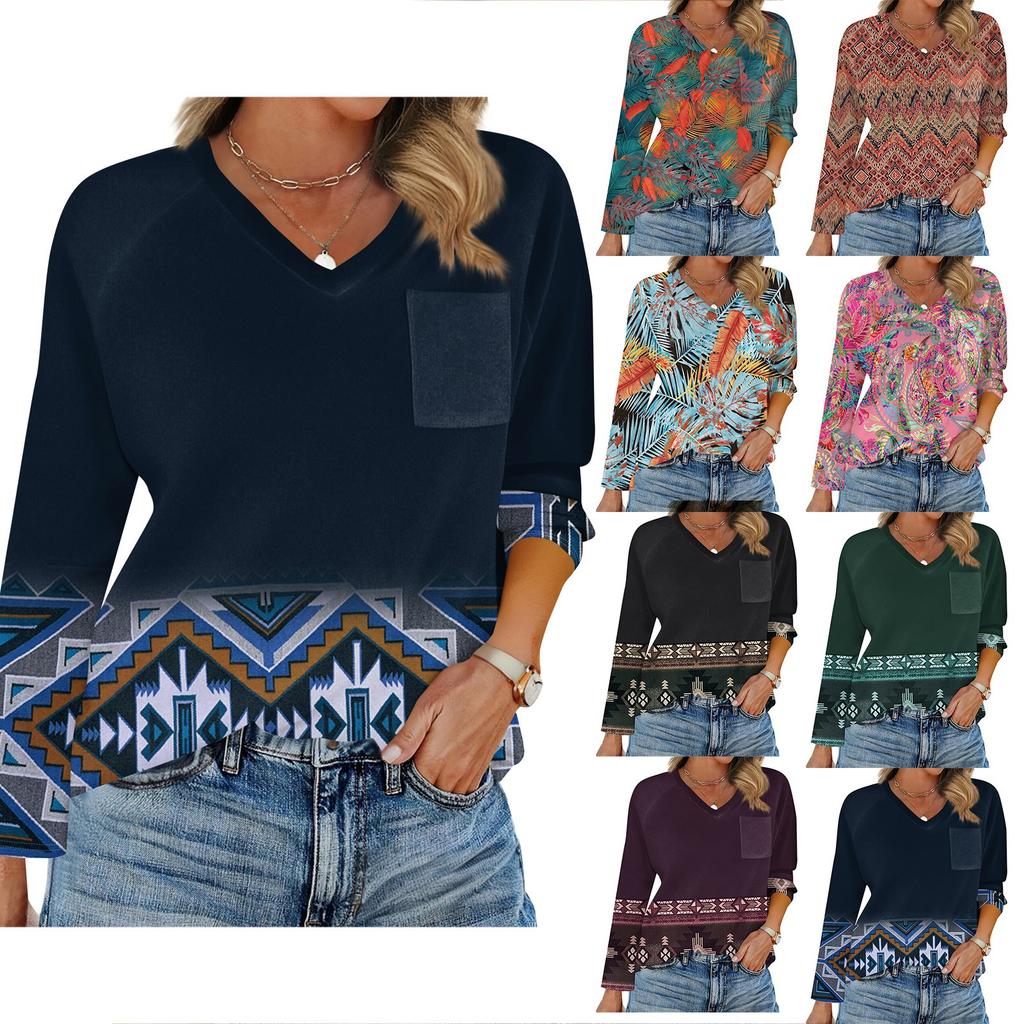 Women's Raglan Long Sleeve V-Neck T-Shirt Splicing Solid Color Casual Top Pullover V-Neck Pocket Bottoming Shirt