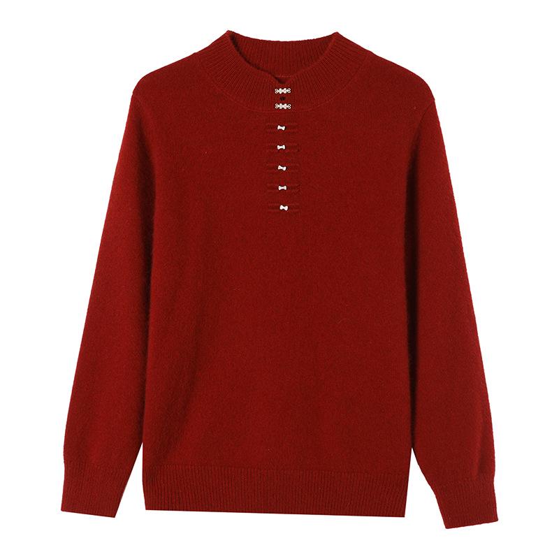 Women's Red Chinese-Style Thick Wool Sweater for Autumn/Winter