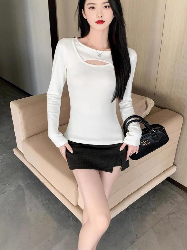 Damen-Langarm-Basisshirt mit Aussparungen, Herbst/Winter 2025, Unifarben, Trendiger Hot Girl Style, Perfekt zum Schichten oder solo Tragen.