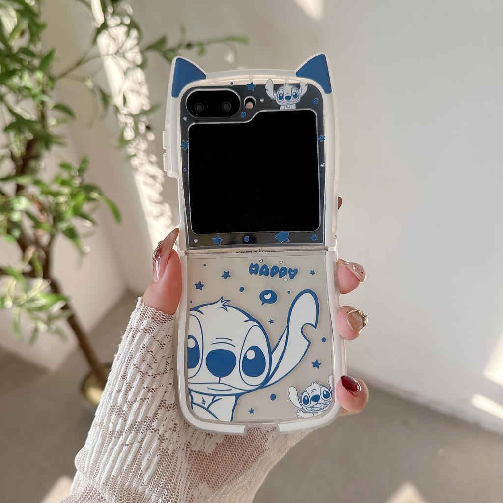 Funda de Teléfono de Dibujos Animados Stitch con Orejas de Gato 3D Kawaii para Samsung Galaxy Z Flip 3 4 5 6 7 7FE Funda Protectora con Cordón de Perlas