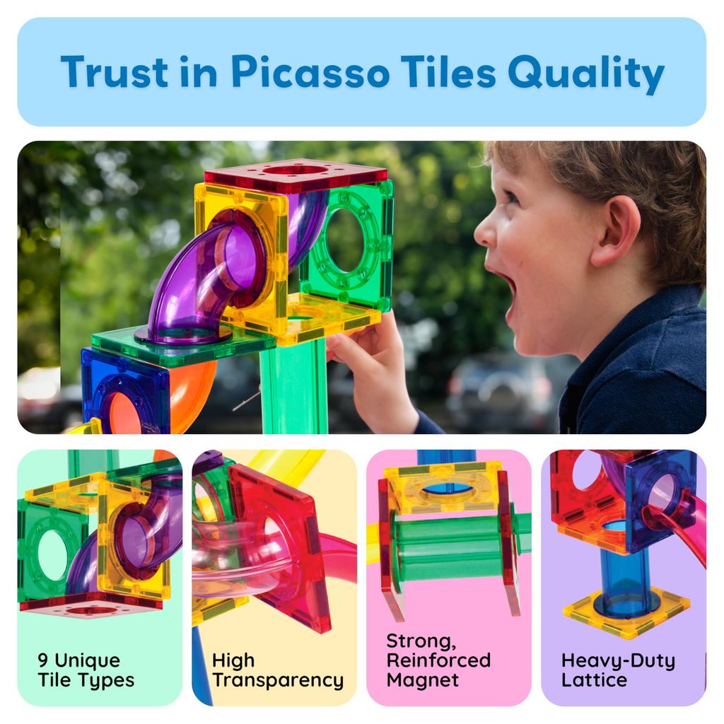 PicassoTiles Marble Run Magnetic Tiles 100 Pieces Race Track Toy STEM Building Learning Education Magnetic Building Kids Educational Kit for Boys